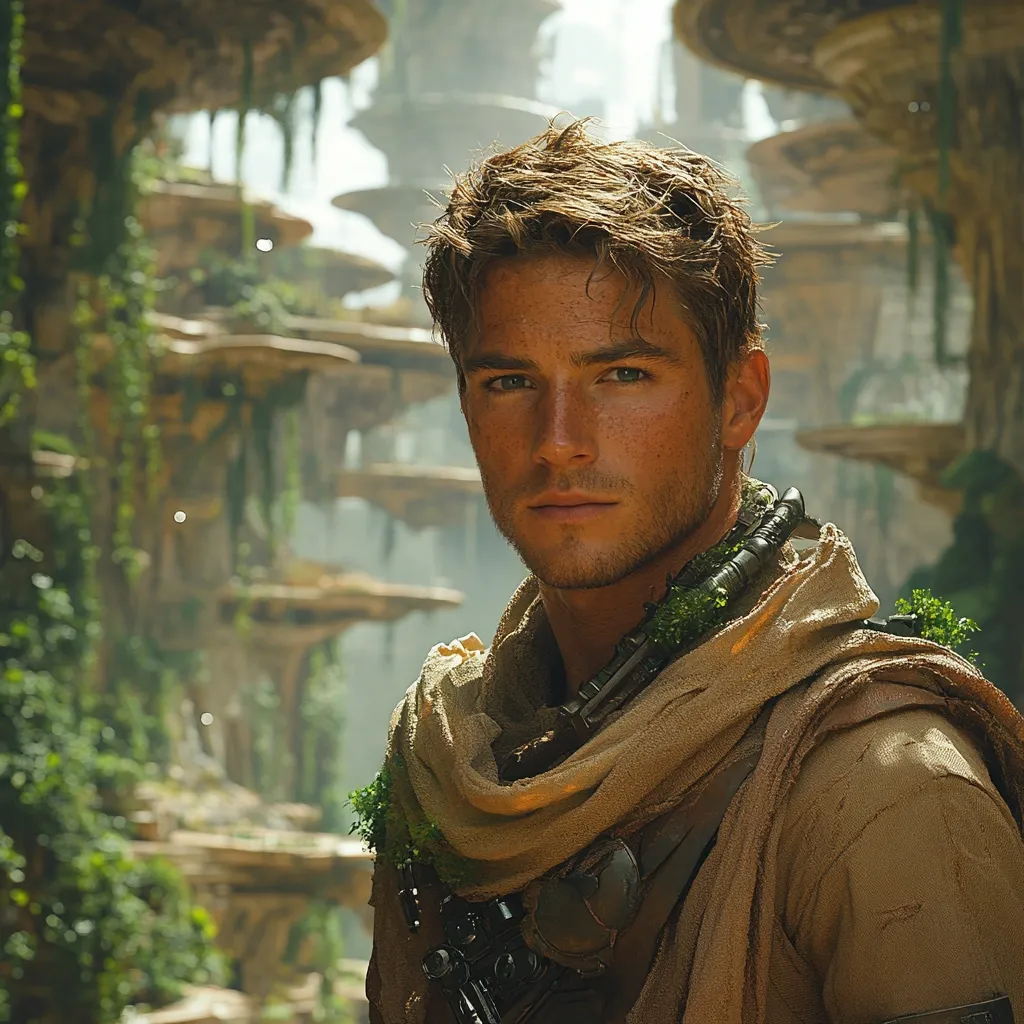 Here's a description of the image:

The image shows a young man with light brown, slightly tousled hair and freckles.  He has a serious expression and piercing light eyes.  He's dressed in a light brown, somewhat tattered, robe or tunic, suggesting a rugged, possibly post-apocalyptic or fantasy setting.  Small bits of greenery adorn his clothing. The background is out of focus but shows a lush, fantastical environment with large, mushroom-like structures and verdant foliage, hinting at a sci-fi or fantasy world. The overall mood is one of intrigue and adventure.