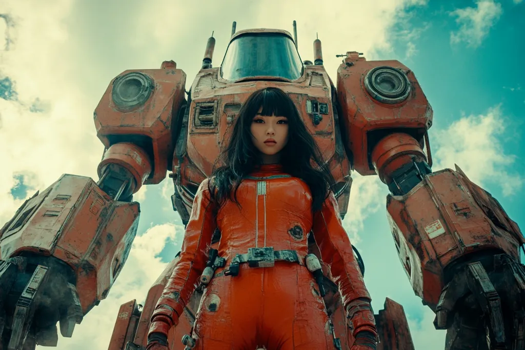 A young woman in a vibrant orange jumpsuit stands defiantly before a colossal, weathered orange mech. The mech looms large, its rusty exterior suggesting a history of battles. The sky is a dramatic backdrop of clouds. The woman's serious expression and the imposing size of the mech create a powerful contrast, suggesting a scene of action or anticipation from a science fiction film or game. The color palette is dominated by oranges and muted blues of the sky.