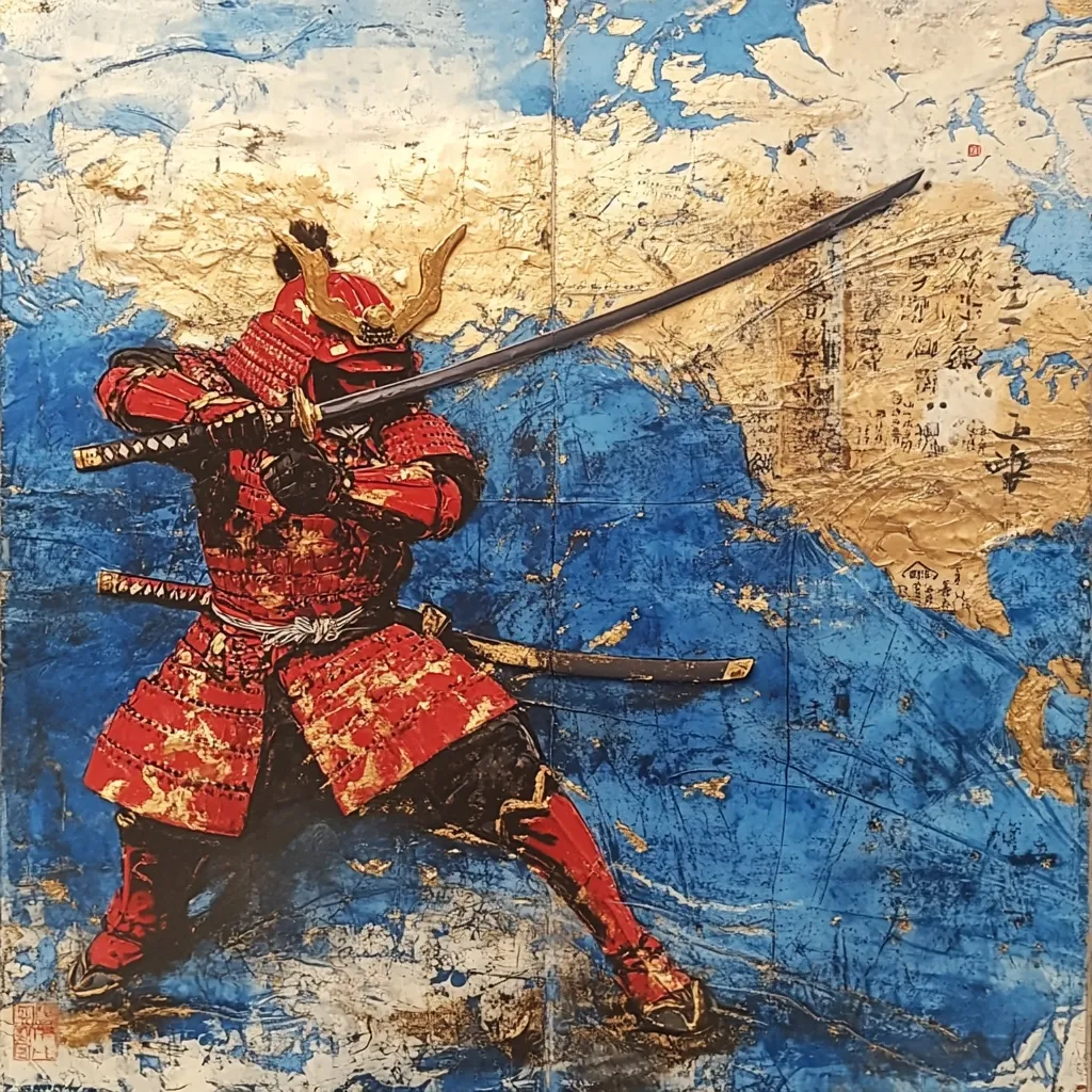 The artwork depicts a samurai warrior in vibrant red and gold armor, dynamically positioned against a backdrop resembling an antique map.  The samurai wields a katana, his stance suggesting fierce action. The map, primarily blue with gold accents and Japanese script, adds a historical and geographic context, possibly hinting at a specific battle or location. The mixed-media technique creates a textured, layered effect, enhancing the painting's visual impact and narrative depth. The overall impression is one of power, history, and artistic expression.