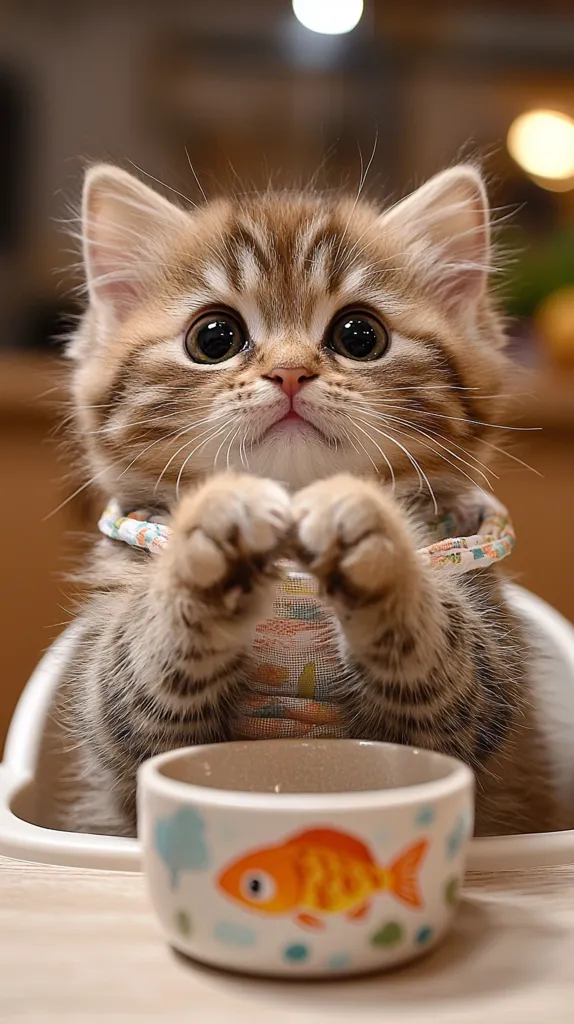 Here is a description of the image:

A fluffy brown tabby kitten sits in a high chair, its paws pressed together in a heart shape.  Its large, round eyes stare directly at the viewer.  The kitten wears a light-colored collar or bib. In front of it sits a small, shallow bowl decorated with a cartoon goldfish. The background is softly blurred, suggesting a warm, indoor setting. The overall mood is one of adorable cuteness.