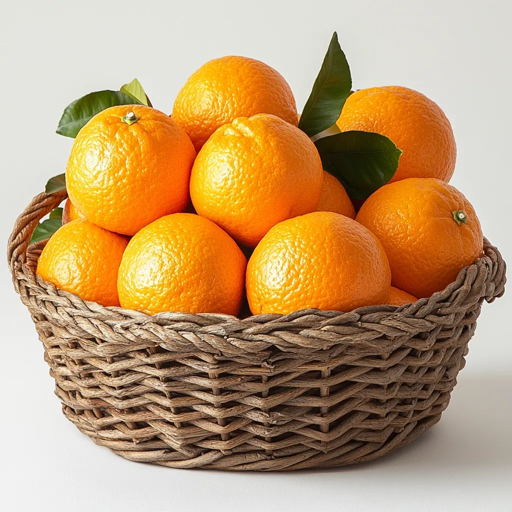 A rustic brown wicker basket overflows with a vibrant collection of juicy oranges.  Approximately ten to twelve oranges, varying slightly in size, fill the basket.  Several green leaves peek out from between the fruit, adding a touch of freshness. The oranges are bright orange and appear ripe and ready to eat.  The scene is set against a simple, white background.