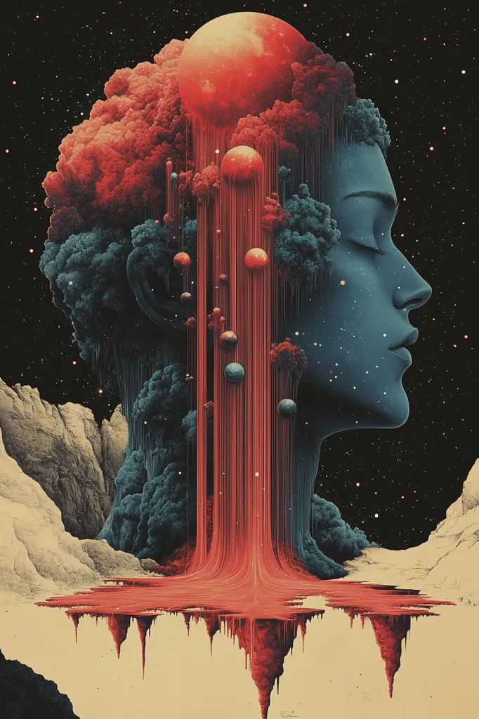 The artwork depicts a surreal landscape merging with a woman's profile.  Her head is a cosmic scene; a vibrant red celestial body flows downwards, resembling a waterfall of molten light, interspersed with smaller planets and dark, lush foliage.  The style is digital, with a blend of painterly and graphic elements, creating a dreamlike atmosphere against a backdrop of stars and muted, earthy tones. The overall effect is one of ethereal beauty and profound mystery.