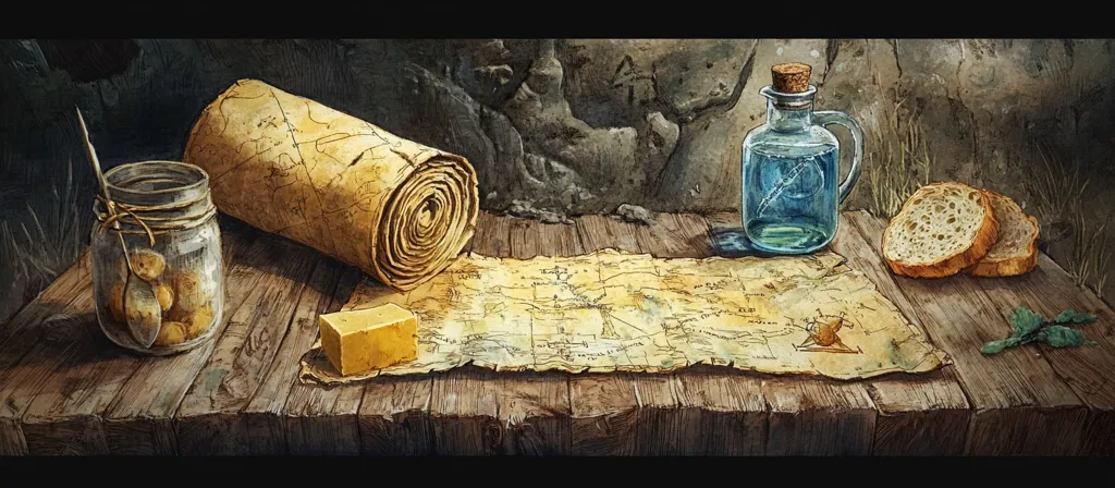 A rustic still life depicts a wooden table holding various items: a rolled-up, aged map, a partially unfolded map with terrain markings, a glass jar of olives with a spoon, a block of cheese, a bottle of blue liquid, and two slices of bread. The scene is set against a dark, stone wall, evoking a sense of age and adventure. The overall style is painterly, with a muted color palette emphasizing earth tones and texture.