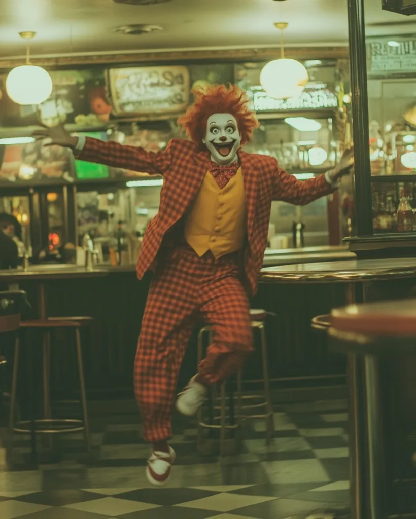 A clown in a red and orange plaid suit joyfully leaps in a dimly lit bar.  His vibrant orange hair and exaggerated makeup create a striking contrast against the muted background.  The bar setting, with its stools and counter, suggests a retro or vintage atmosphere. The clown's dynamic pose and expression convey a sense of playful energy.  The overall image is a blend of whimsicality and a slightly unsettling mood.