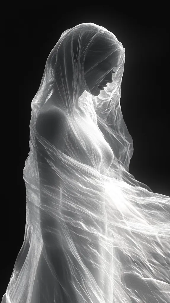 Here's a description of the image:

The monochromatic photograph showcases a woman draped in a sheer, flowing fabric that obscures most of her body.  The fabric's texture is delicate and translucent, allowing the woman's form to be subtly visible beneath. The lighting highlights the fabric's folds and creates a soft, ethereal glow, emphasizing the delicate nature of the scene. The background is completely black, drawing all attention to the subject. The overall mood is one of mystery, grace, and quiet intimacy.