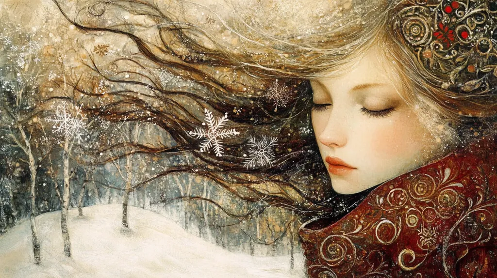 A dreamy painting depicts a young woman with flowing brown hair, adorned with snowflakes and a decorative headdress. Her eyes are closed, and her expression is serene. She is wrapped in a rich, burgundy shawl with intricate gold detailing, adding a touch of elegance.  The background shows a snowy winter landscape with slender birch trees, creating a peaceful and magical atmosphere. The overall style is whimsical and romantic, evoking a sense of winter tranquility.