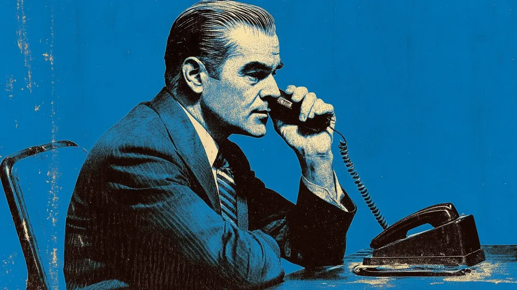 A stylized illustration depicts a man in a suit, seated at a desk, intensely engaged in a phone call.  The image is rendered in a bold, two-tone blue and black palette, reminiscent of vintage print media. The man's profile is prominent, showcasing a serious expression as he holds the receiver to his ear. The phone is a classic rotary style, adding to the retro aesthetic.  The overall mood is one of focused concentration and perhaps even secrecy.