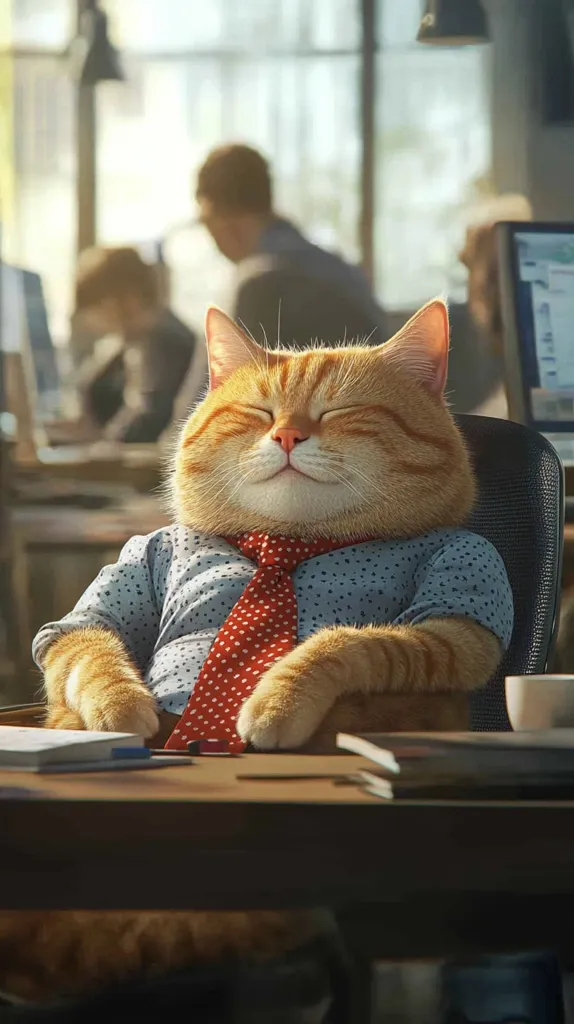 Here's a description of the image:

The image shows a chubby orange tabby cat, dressed in a light blue collared shirt and red polka-dot tie, sitting contentedly in an office chair behind a desk.  The cat's eyes are closed in peaceful repose, suggesting a relaxed and satisfied demeanor.  The background is a blurred office setting, with indistinct figures of human coworkers and office equipment, emphasizing the cat as the focal point.  The scene is well-lit, with soft, warm tones dominating the image, creating a humorous and slightly surreal juxtaposition of a cat in a human professional setting.