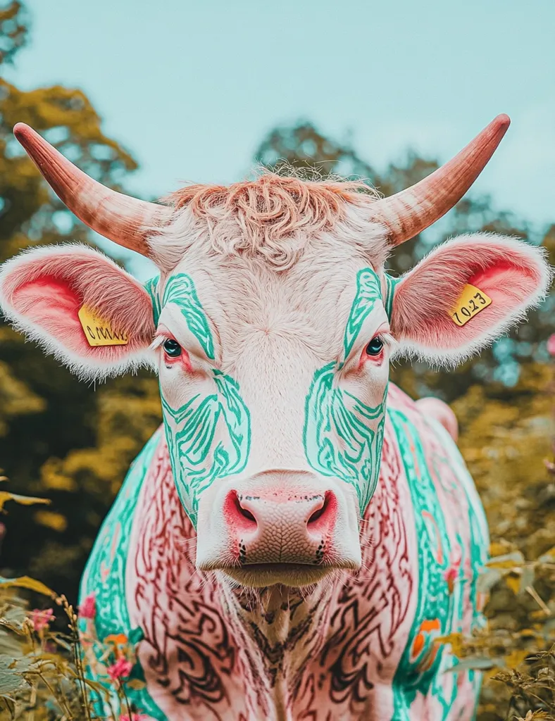 Here's a description of the image:

Close-up view of a light pink cow with striking teal and pink body art. The cow's horns are long and light-colored, and its ears are a soft pink.  Yellow ear tags are visible. The intricate patterns on its body resemble tribal or Celtic designs. The cow is positioned slightly angled, looking directly at the viewer, in a field with blurred greenery and a few pink flowers at the bottom.  The background is softly focused, drawing attention to the cow's unique appearance. The overall tone is vibrant and slightly surreal.