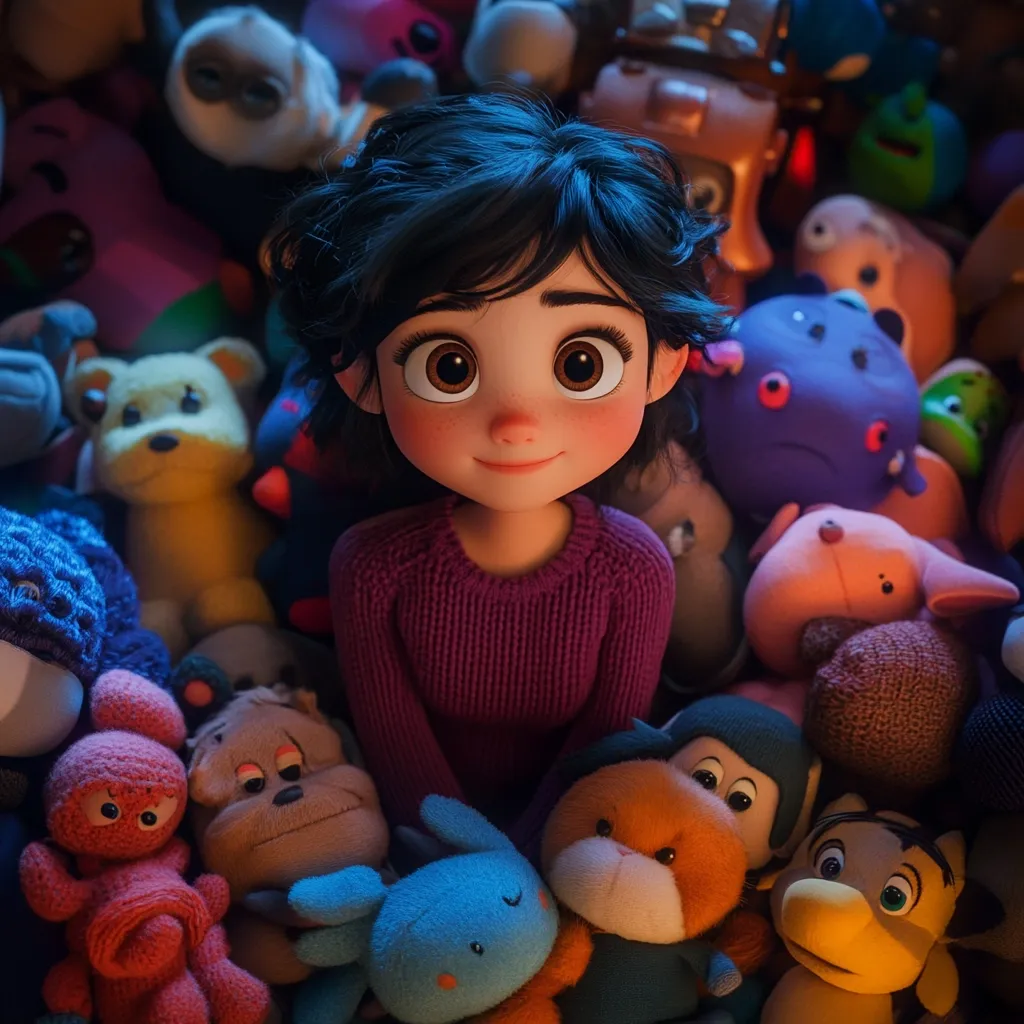 A charming, large-eyed animated girl with dark, curly hair sits surrounded by a multitude of plush toys. She's wearing a purple sweater and gazes directly at the viewer with a sweet expression.  The toys are diverse in shape, color, and style, creating a whimsical and warm scene. The lighting is soft, focusing on the girl and highlighting the textures of the stuffed animals. The overall mood is one of gentle contentment and childlike wonder.
