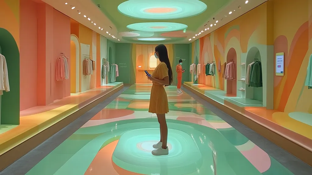 A woman wearing a mustard yellow dress and white sneakers stands in a brightly lit, modern clothing store. The store's interior features pastel walls with arched alcoves displaying clothing, and a vibrant, swirling green and orange floor.  She holds a smartphone, appearing to browse or interact with a digital display. The overall aesthetic is playful and contemporary, with a focus on cheerful colors and smooth lines. Another shopper is visible in the distance.