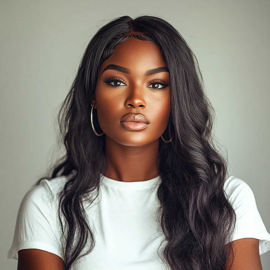 Here's a description of the image:

Close-up portrait of a young Black woman with long, dark, wavy hair that falls past her shoulders.  She's wearing a simple, off-white crew-neck t-shirt and silver hoop earrings. Her makeup is subtly done, emphasizing her eyes and lips.  She gazes directly at the camera with a serious, yet composed expression. The background is a muted, light gray, keeping the focus entirely on the subject. The overall aesthetic is clean, modern, and sophisticated.