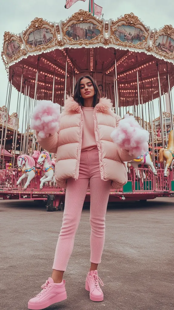 A young woman in a pink puffer jacket and matching pants stands before a pink carousel.  She holds two large pink cotton candies.  Her outfit is entirely pink, including her platform sneakers. The carousel's ornate details and pastel color scheme complement her attire, creating a whimsical, cohesive scene. The overall mood is lighthearted and stylish.