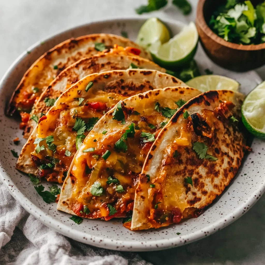 Here's a description of the image:

A close-up shot showcases several quesadillas arranged on a speckled gray plate.  The quesadillas, golden-brown and crisply toasted, are layered with a vibrant filling of melted cheese, peppers, and onions, visible through the partially open folds. Fresh cilantro is sprinkled over the top, adding a pop of green. Lime wedges and a small bowl of chopped cilantro are visible in the background, suggesting a fresh and zesty culinary experience. The overall ambiance is warm and inviting, emphasizing the deliciousness of the food.