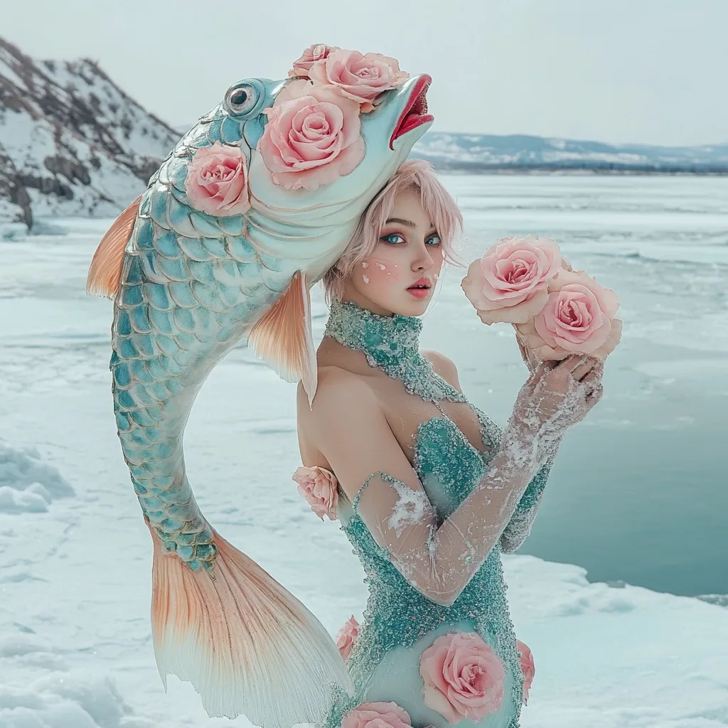 A woman in a fantastical costume stands on a snowy, icy landscape.  Her elaborate headdress is a sculpted fish adorned with pink roses, its tail extending down her back as a mermaid-like appendage.  She wears a shimmering teal gown, also embellished with roses, and sheer, frosty gloves.  Her pale skin and pink hair contrast with the icy background, creating a surreal, ethereal image. The overall mood is dreamy and artistic.