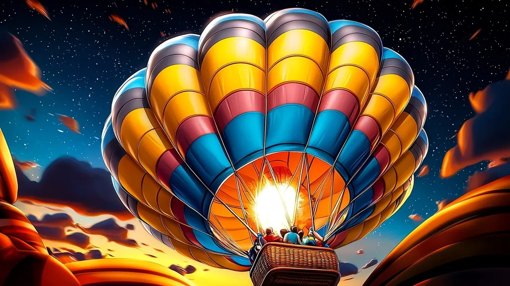 Here's a description of the image:

A vibrant, stylized artwork depicts a hot air balloon ascending against a twilight sky. The balloon is predominantly yellow and blue, with bands of maroon, creating a striking contrast. Several passengers are visible in the woven basket below, silhouetted against the bright, fiery glow of the burner.  The background features a starry night sky and swirling, orange-hued clouds, suggesting a dramatic, possibly magical, atmosphere. The style is digital, with bold colors and a smooth, almost painterly texture. The overall mood is one of adventure and wonder.