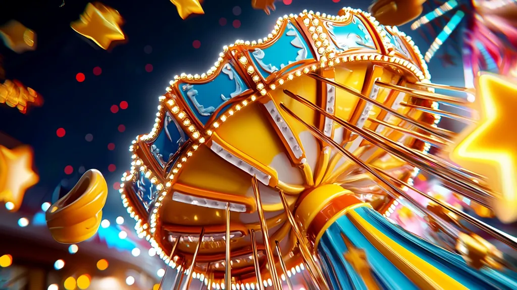 Here's a description of the image:

The image is a vibrant, close-up shot of a carousel's central structure, viewed from below.  The carousel boasts a sunny yellow and teal color scheme, accented with glittering lights lining its ornate canopy. Numerous golden stars appear to be floating around it, creating a magical, whimsical atmosphere. The metal poles extending from the central column suggest motion blur, implying the carousel is in operation. The background hints at a festive fairground setting with blurred lights. The overall impression is one of fun, excitement, and a dreamlike carnival experience.