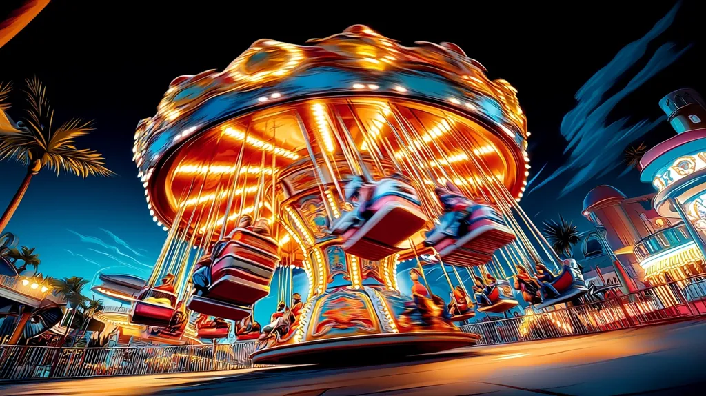 Here is a description of the image:

The image is a vibrant, stylized depiction of a brightly lit carousel at night. The carousel is in motion, with the seats blurred, suggesting speed and excitement. Warm, golden lights illuminate the carousel's structure and the colorful seats, creating a dynamic contrast against the dark night sky. Palm trees and brightly colored buildings of an amusement park are visible in the background, further emphasizing the carnival atmosphere. The overall style is reminiscent of digital art or a stylized illustration, with bold colors and a slightly surreal quality to the motion blur.