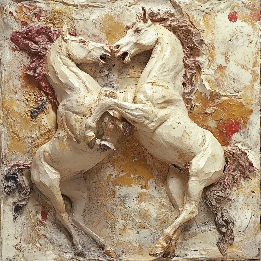 A textured, off-white relief sculpture depicts two rearing horses locked in combat.  The horses, carved with anatomical detail, are rendered in a style suggesting classical sculpture, but with a modern, painterly background. The background is a mix of earthy tones, including ochre, cream, and muted reds, applied with a visible textured brushstroke. The overall effect is a dynamic and dramatic piece combining sculptural form with painterly abstraction.