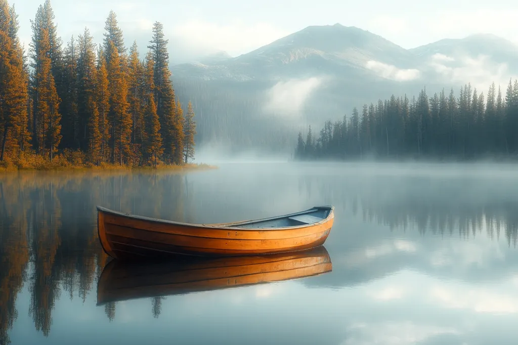 Here's a description of the image:

A serene, misty morning scene unfolds on a tranquil lake nestled amidst a mountain range. A small, wooden rowboat rests serenely on the still water, its reflection mirroring perfectly.  The lake's edge is lined with a dense forest of tall, slender evergreens, their autumnal hues subtly visible through the morning haze.  Mountains rise majestically in the background, their peaks shrouded in soft mist. The overall atmosphere is one of peace and quiet solitude.