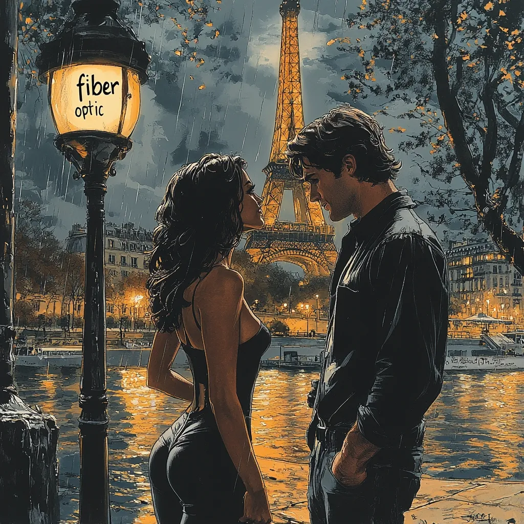 A romantic illustration depicts a couple standing close, gazing into each other's eyes under a rain-swept Parisian night.  The Eiffel Tower stands majestically in the background, illuminated by soft city lights reflecting on the Seine River.  A streetlamp marked "fiber optic" adds a modern touch to the classic romantic scene. The couple's attire is stylish and contemporary, creating a mood of intimacy and elegance against the picturesque backdrop.