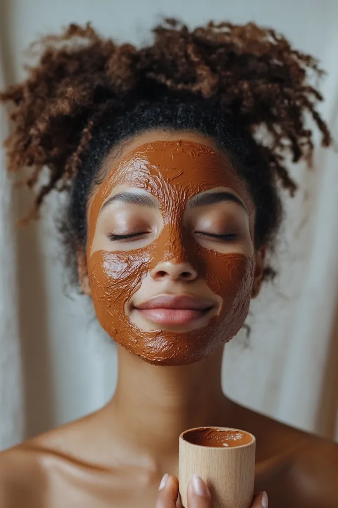 A young woman with dark, curly hair has a thick, dark brown mud mask covering her face.  Her eyes are closed serenely, and she holds a small wooden cup, likely containing more of the mask.  She appears relaxed and is enjoying a self-care moment.  The background is a blurred, light-colored surface, drawing focus to the woman and her mask. The overall image conveys a sense of calmness and wellness.