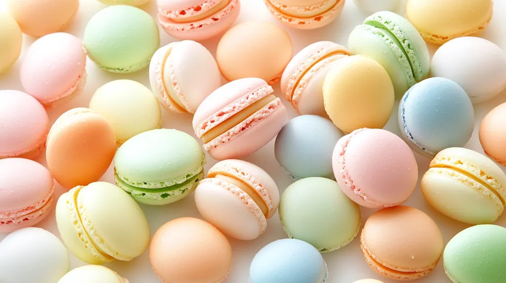 Here's a description of the image:

A close-up shot reveals a delightful assortment of pastel-colored macarons scattered across a white surface.  The macarons, in shades of pink, peach, light green, and pale yellow, are meticulously arranged, showcasing their delicate textures and smooth surfaces.  The soft, even lighting highlights the subtle variations in color and the slight sheen of the confectionery shells.  The overall impression is one of sweetness, delicacy, and pastel perfection.