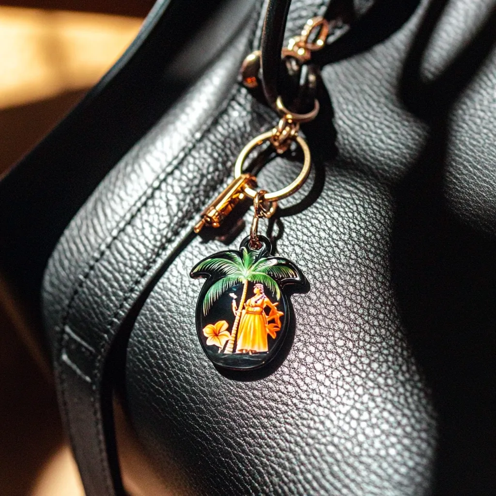 A close-up shot reveals a black leather handbag adorned with a unique keychain. The keychain features a circular, dark-colored pendant depicting a hula dancer beneath a palm tree.  The pendant is attached to a gold-toned key ring and a longer, similarly colored key chain.  The image highlights the texture of the leather bag and the detail of the keychain's design, creating a visually appealing contrast.  Light plays across the bag's surface, casting subtle shadows.