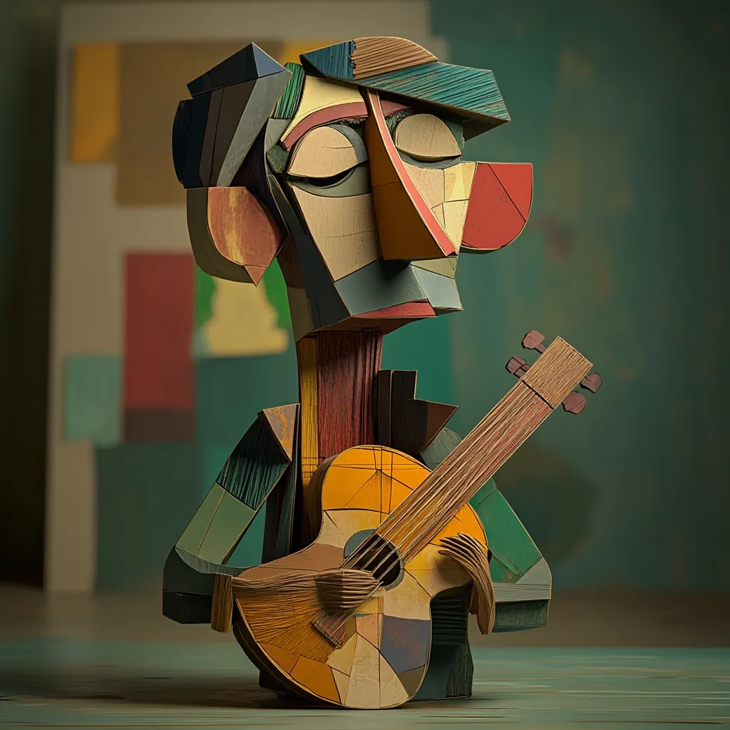 A cubist-style sculpture depicts a person playing a guitar.  The figure is constructed from multicolored, geometrically shaped pieces of wood or cardboard, creating a textured, fragmented effect.  The guitar is similarly constructed, its body and neck composed of various-sized and colored elements.  The figure's eyes are closed, suggesting a peaceful or contemplative state while playing.  The background is a blurred, muted teal. The overall style evokes a sense of modern art and craftsmanship.