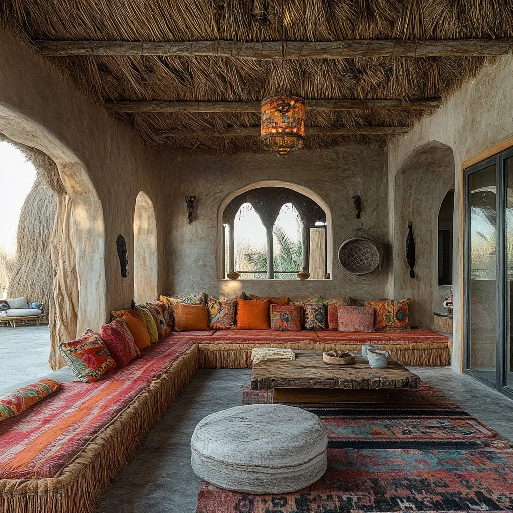 Here's a description of the image:

The photograph showcases a luxuriously appointed outdoor lounge area, exhibiting a unique blend of bohemian and rustic styles.  A large, L-shaped sofa, draped in richly colored, patterned textiles, dominates the space.  The sofa is adorned with numerous cushions in various shades of orange, red, and deep jewel tones.  A rustic wooden coffee table sits in the center, accompanied by a large, light-colored stone pouf. The setting is defined by a raw, earthy palette of textured walls, a thatched roof, and arched doorways, creating a warm and inviting atmosphere.  The room's architectural elements and décor suggest a desert or nomadic influence.  Natural light streams through arched windows, illuminating the space.