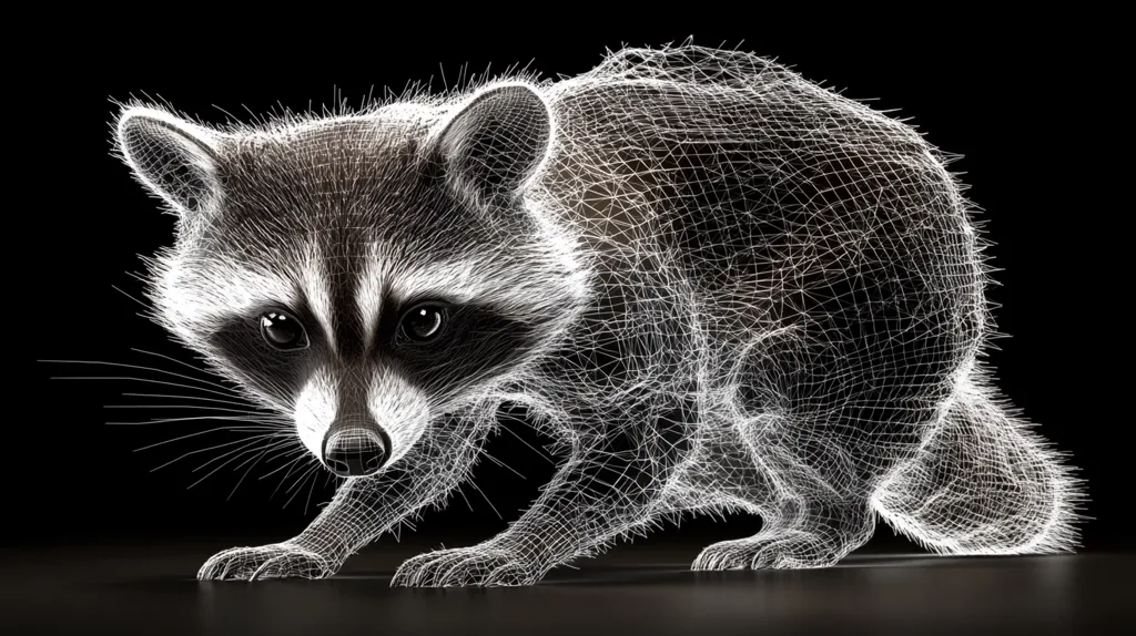 The image shows a 3D wireframe model of a raccoon against a black background.  The white lines create a mesh-like structure outlining the animal's form, revealing its detailed anatomy from fur to paws. The raccoon is depicted in a crouching position, its face and expressive eyes clearly visible, giving a sense of depth and realism despite the wireframe style. The overall effect is both artistic and scientifically illustrative.