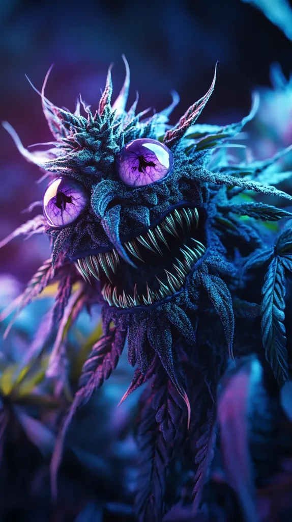 Here's a description of the image:

The image is a close-up of a digitally manipulated cannabis bud.  It's been artfully altered to resemble a monstrous creature with large, glowing purple eyes and sharp, menacing teeth. The bud itself is deep purple and blue, illuminated with vibrant neon lighting, giving it an otherworldly, almost surreal quality.  The background is blurred but shows more of the plant, reinforcing the alien-like nature of the central figure. The overall effect is eerie yet captivating, combining the natural form of the plant with a fantastical, digitally created character.