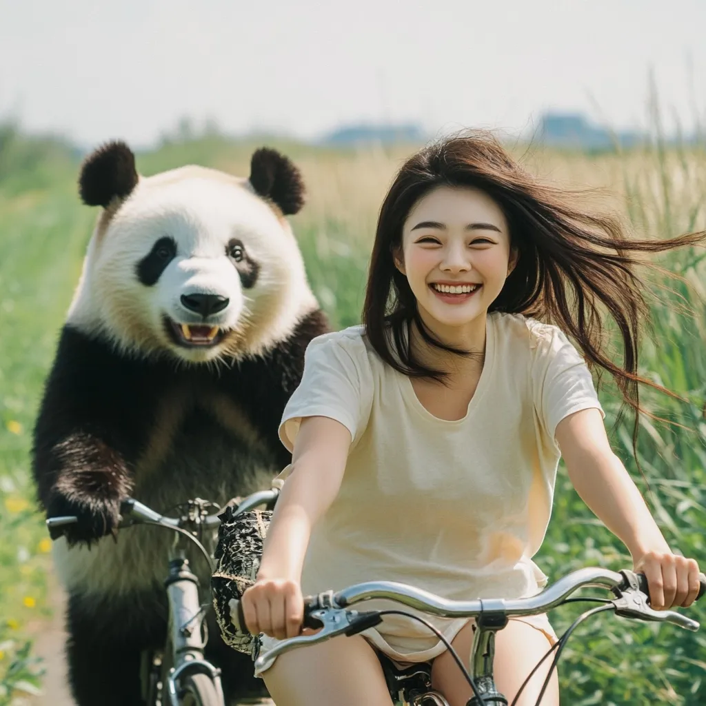 A joyful young woman with long dark hair smiles brightly while riding a bicycle.  A giant panda, seemingly enjoying the ride, walks alongside, its paws resting on the bicycle's handlebars.  The setting is a sunny, grassy field, creating a whimsical and idyllic scene. The image evokes a sense of carefree happiness and unexpected friendship between human and animal.