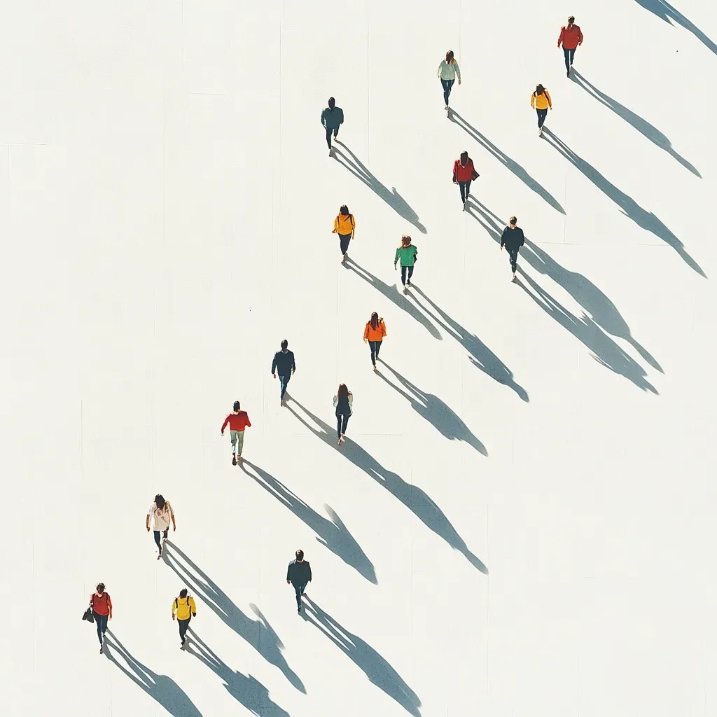 Here's a description of the image:

The image is an overhead, high-angle shot of numerous individuals walking in various directions across a bright, white surface.  Each person is small and distinct, wearing casual clothing in a range of colors including red, yellow, green, and orange. Long shadows cast by the individuals stretch behind them, creating a diagonal pattern across the otherwise plain background. The overall impression is one of movement and individual journeys within a shared, simple space.