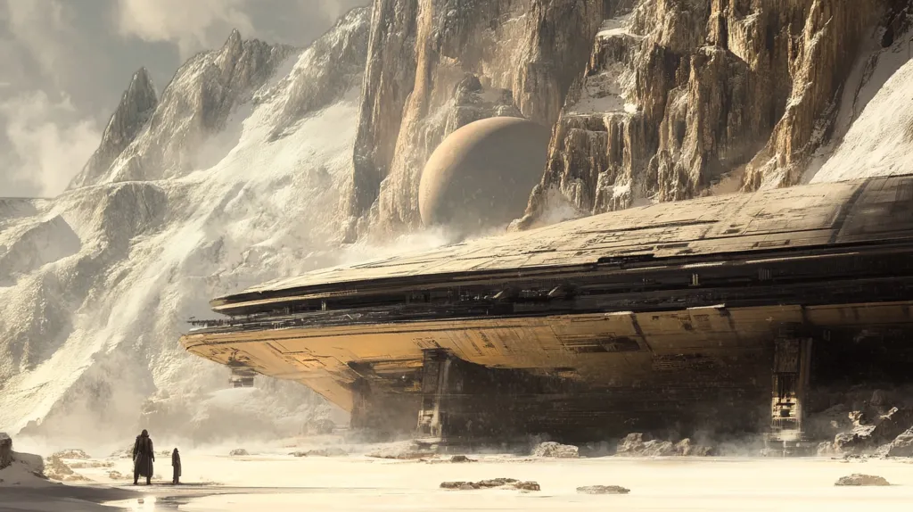 A vast, sand-colored spaceship rests on a snow-dusted, rocky plain.  Towering, snow-capped mountains form a dramatic backdrop, partially obscuring a large, spherical object nestled within the cliffs. Two figures, small in scale compared to the ship and landscape, stand in the foreground, adding a sense of solitude to the scene. The overall atmosphere is one of desolate grandeur and quiet mystery, suggesting a remote, perhaps alien, environment.  The light suggests either dawn or dusk.
