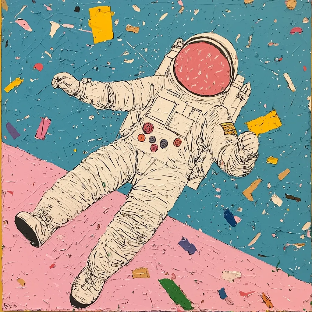 Here's a description of the image:

The painting depicts an astronaut floating in space, rendered in a vibrant, textured style. The astronaut's suit is white with black line detailing, and the helmet features a distinctive pink interior. The background is a split composition of teal and pink, representing space, with colorful confetti-like shapes scattered across both sections. The impasto technique adds a three-dimensional feel to the artwork, emphasizing the playful, almost whimsical, nature of the scene. The astronaut appears weightless, creating a sense of freedom and serenity within the cosmic environment.