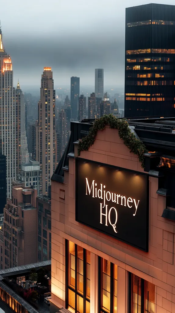 Here's a description of the image:

An image of Midjourney HQ in New York City. The building's exterior is a light pinkish-brown stone.  A large black sign displaying "Midjourney HQ" in elegant white lettering is prominently featured.  The building is partially visible, showing large windows with warm interior lighting.  A rooftop garden is visible above the sign. The background showcases a cityscape at dusk or dawn under a cloudy sky.  Several skyscrapers, including the Empire State Building, are visible in the distance. The overall ambiance is sophisticated and urban.