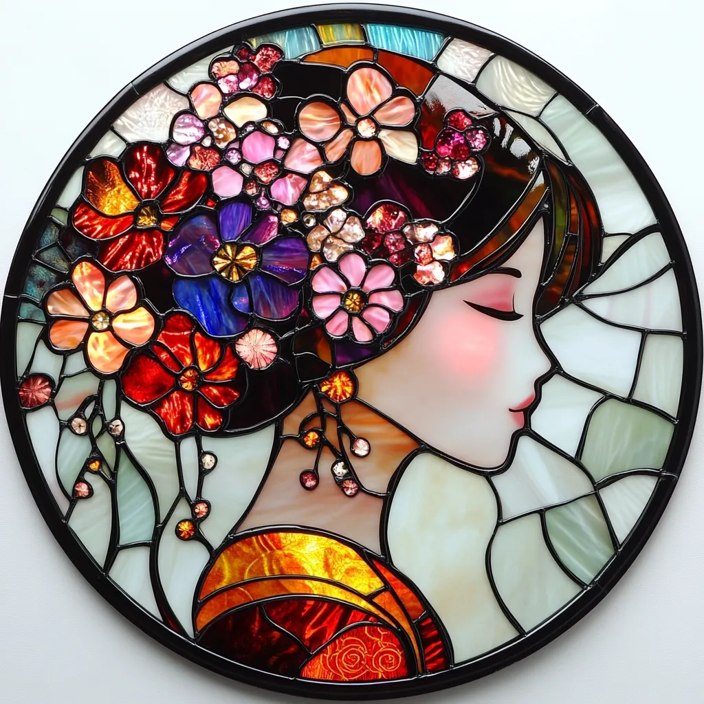A circular stained-glass artwork depicts a woman's profile, her dark hair adorned with a vibrant crown of multicolored flowers.  The style is reminiscent of Art Nouveau or Art Deco, with rich, jewel-toned colors in reds, oranges, purples, and pinks.  Her expression is serene, eyes closed, suggesting peace or contemplation.  The background features a blend of lighter, opalescent glass, contrasting beautifully with the rich detail of the flowers and figure.  The piece is framed in black, giving it a finished and elegant look.