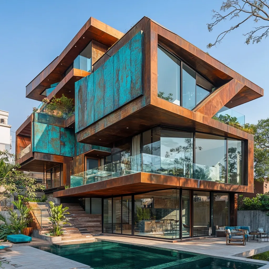 A modern, multi-story house boasts a striking architectural design.  The exterior is a blend of rusted-metal tones and teal-patina panels, creating a dramatic contrast.  Large, expansive windows offer abundant natural light and showcase the interior's spaciousness.  A sleek, rectangular swimming pool sits adjacent to the house, completing the luxurious, contemporary aesthetic.  Landscaping integrates seamlessly with the structure's design, enhancing its visual appeal.  The overall impression is one of bold, sophisticated design.