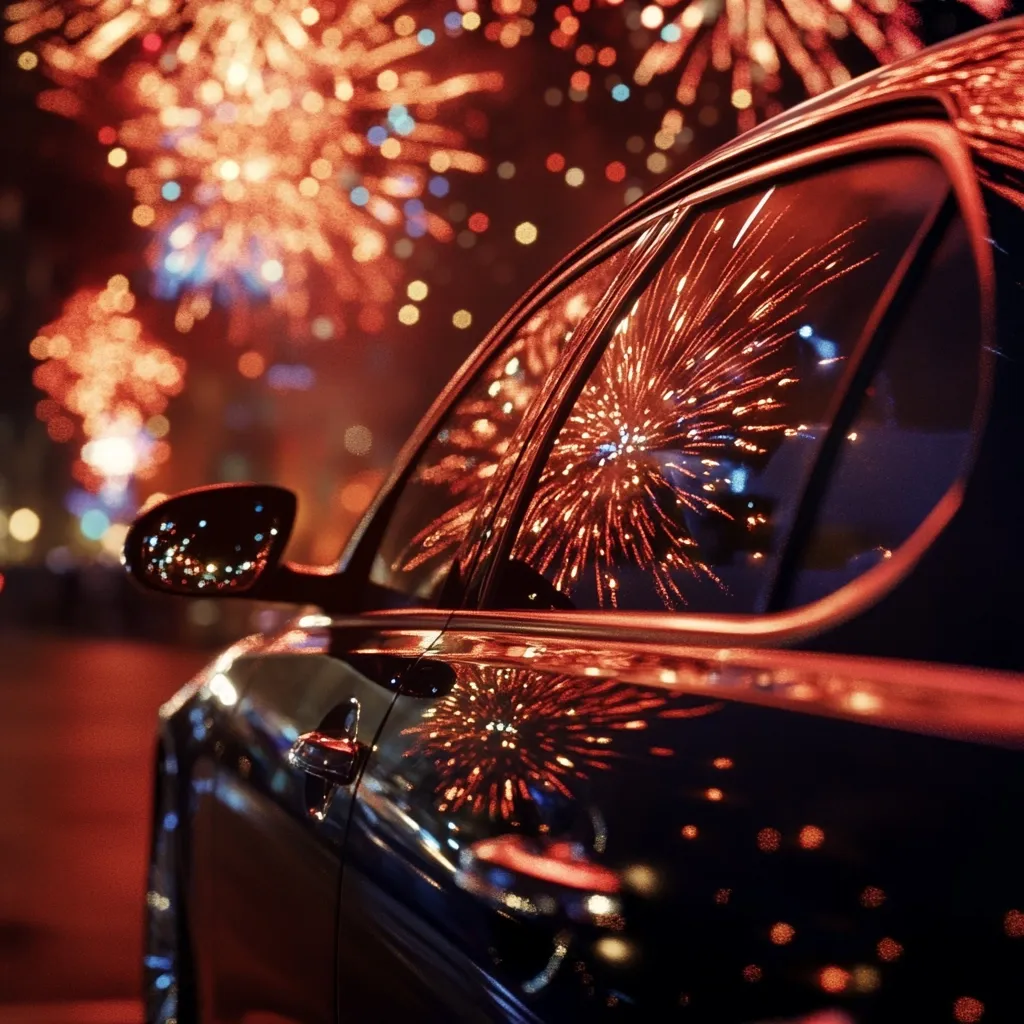 Here's a description of the image:

The photograph showcases a sleek, dark-colored car parked at night.  Its side window reflects a vibrant fireworks display in progress, creating a stunning juxtaposition of urban scene and celebratory spectacle. The fireworks, predominantly orange and red, are blurry and out of focus, emphasizing the sharp details of the car's polished surface. The overall mood is one of festive celebration and luxury, with the car acting as a focal point against a breathtaking backdrop.