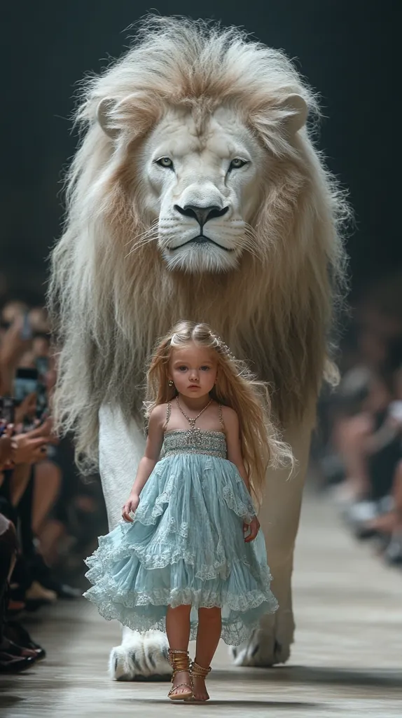 A young girl, dressed in a pale blue, tiered dress and gold sandals, walks a runway.  Behind her, a majestic white lion, its mane full and flowing, slowly follows. The contrast between the child's delicate appearance and the lion's imposing size creates a striking, almost surreal image.  The background is blurred, suggesting a fashion show audience. The overall scene is dramatic and memorable.