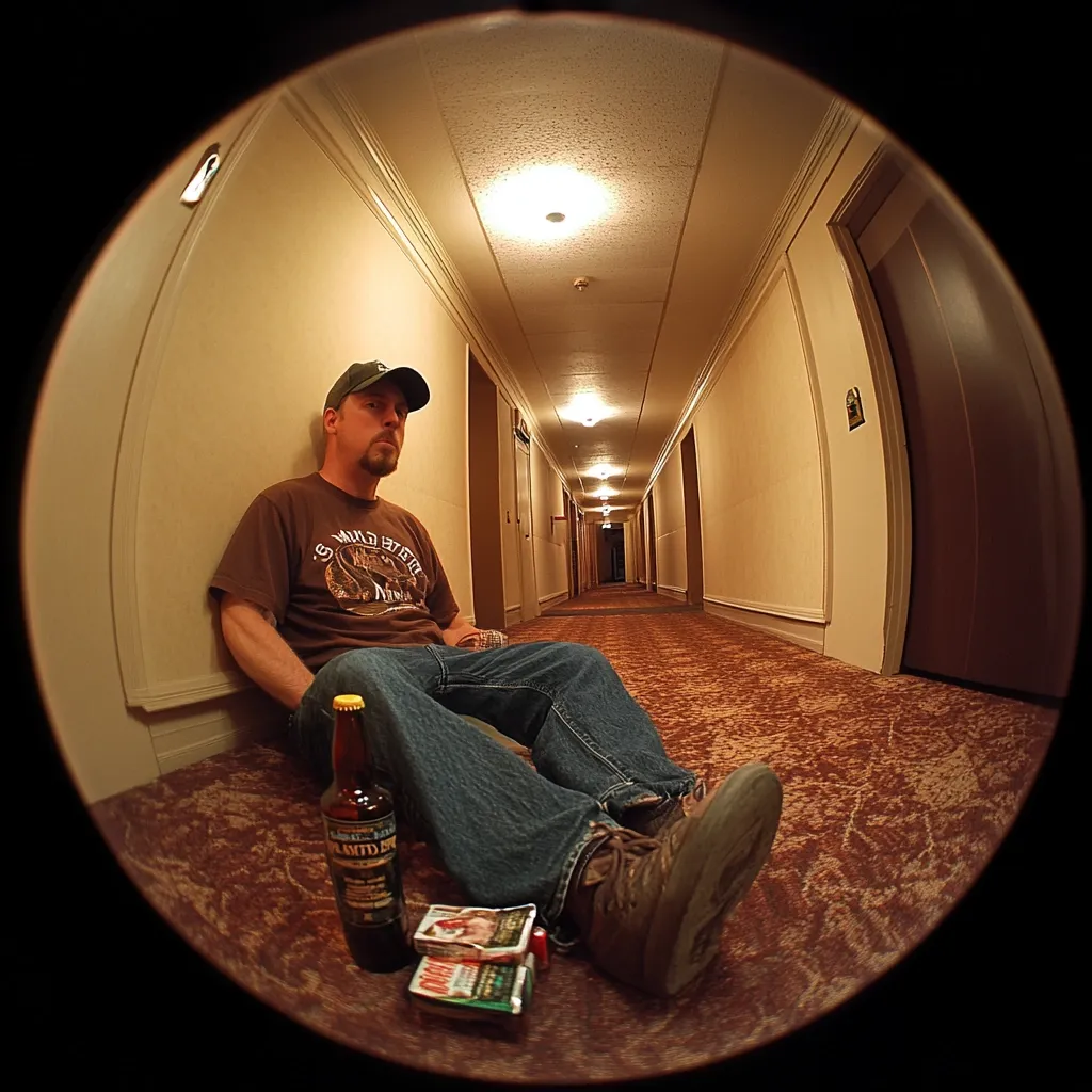 Here's a description of the image:

A fisheye lens captures a man seated on the floor of a long, dimly lit hotel corridor. He's casually dressed in a brown t-shirt, blue jeans, and a baseball cap.  A beer bottle and a pack of matches rest beside him. The corridor's walls are a pale beige, and the carpet is a dark reddish-brown with a patterned design. The perspective distorts the hallway, making it appear curved and exaggerated. The overall mood is somewhat lonely and melancholic.