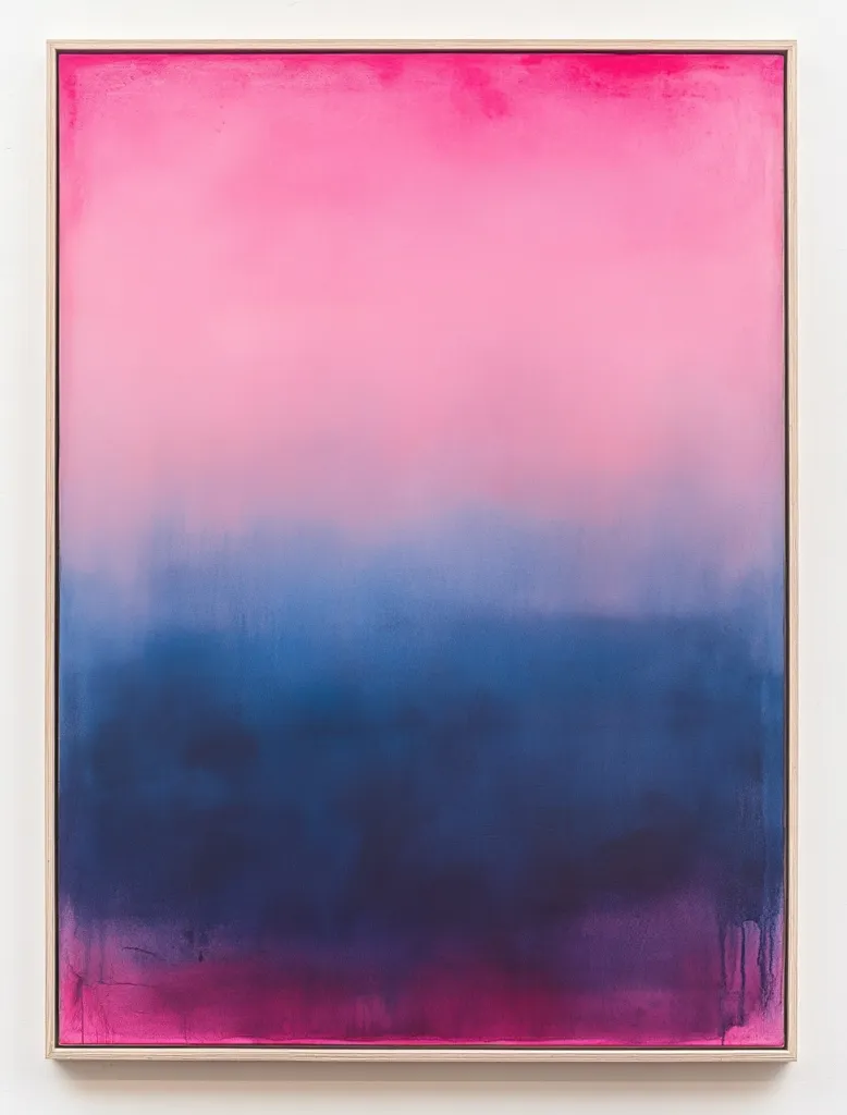 Here's a description of the image:

The artwork is a vertical, abstract painting dominated by a gradient of color.  The top third is a soft, light pink that gradually deepens into a purplish-pink at the top of the middle section. The middle third transitions smoothly into a deep blue, which darkens to a near-black at the bottom.  The overall effect is a hazy, atmospheric blend of colors, suggestive of a sunset or twilight sky.  The painting is framed in a light, natural wood frame. The paint application appears smooth, with subtle variations in tone creating depth.