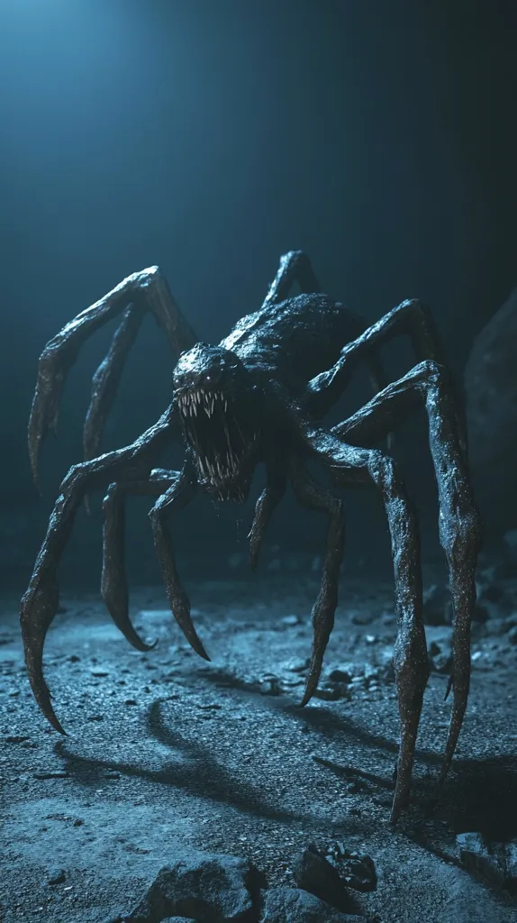 A digital rendering depicts a monstrous, spider-like creature.  Its dark, segmented body is supported by eight long, spindly legs.  A gaping maw filled with sharp teeth is prominent on its face. The creature stands on rough, dark ground under a dimly lit, bluish sky, casting long shadows. The overall mood is dark, ominous, and suggestive of a science fiction or horror setting.  The detail emphasizes its menacing presence.