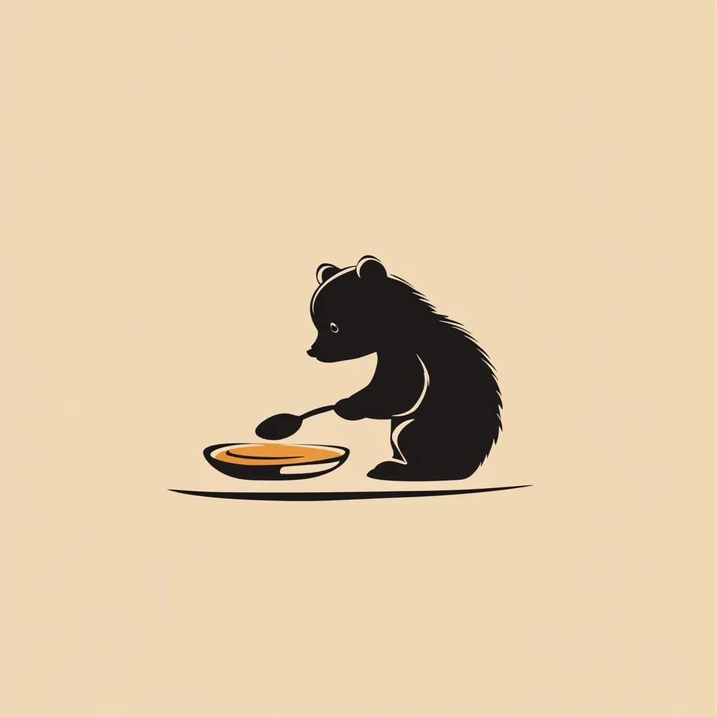 Here's a description of the image:

The image is a minimalist design featuring a stylized silhouette of a bear cub. The cub is black, positioned to the right of the center, and is depicted in a seated position, its paws gently holding a spoon over a shallow bowl filled with a light orange substance, likely food. The background is a pale beige or tan, providing a neutral backdrop that emphasizes the black silhouette. The overall style is simple and charming, suggestive of a logo or emblem, perhaps for a children's product or brand related to food or nature.
