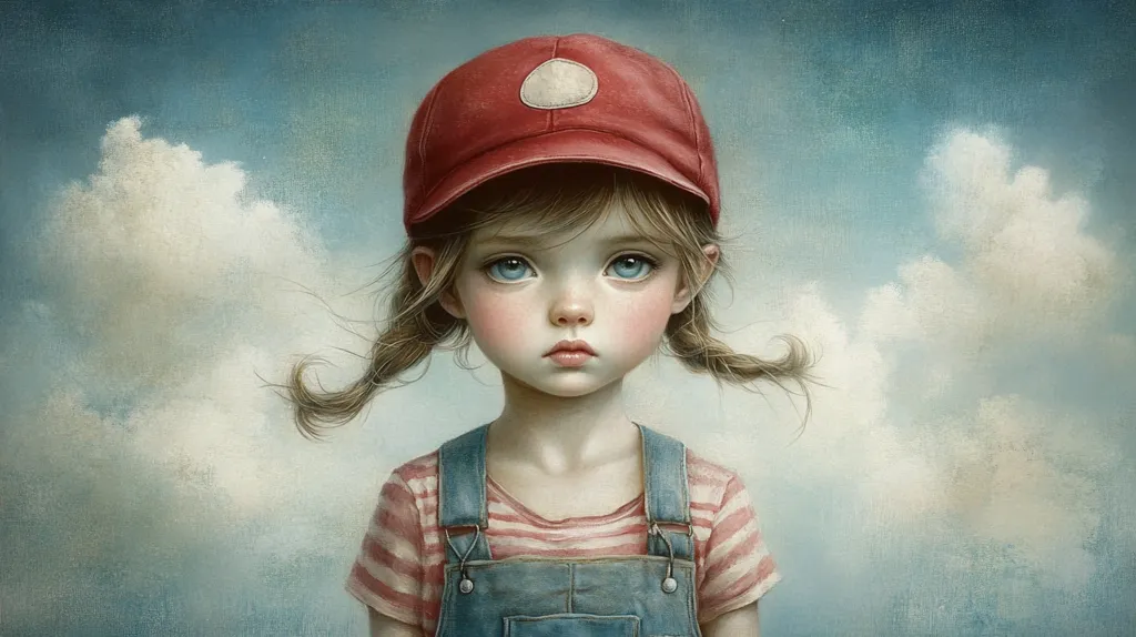 A young girl with pigtails, wearing a red baseball cap and denim overalls over a striped shirt, stares pensively at the viewer. Her large, light blue eyes and delicate features convey a sense of quiet contemplation.  The background is a soft, dreamy sky with fluffy clouds, enhancing the ethereal and slightly melancholic atmosphere of the portrait. The painting style is realistic with a touch of surrealism.