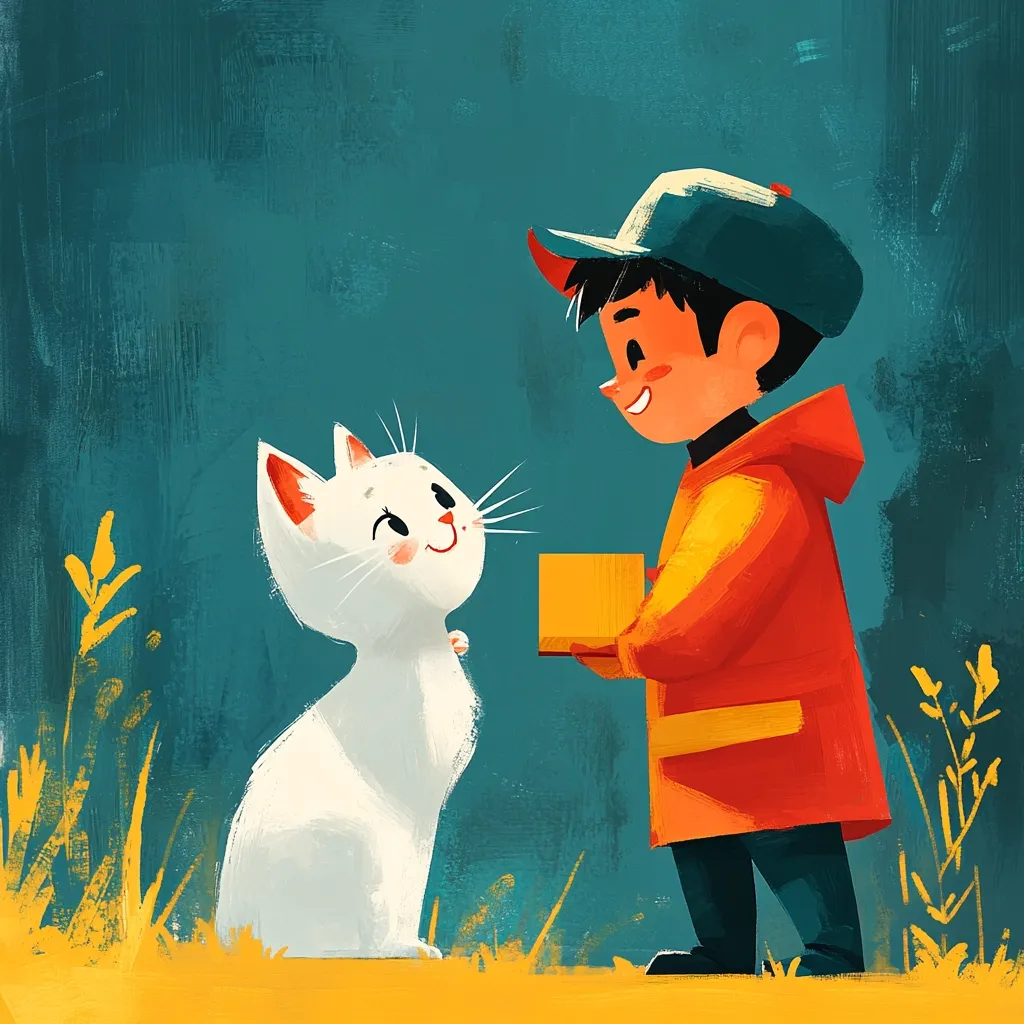 A cheerful illustration depicts a young boy, wearing an orange raincoat and a blue cap, presenting a small orange box to a cute white cat. The cat sits upright, gazing at the boy with a happy expression.  The background is a textured teal, with stylized yellow-gold grasses at the bottom. The overall style is playful and slightly painterly, with soft brushstrokes giving a warm, friendly feel. The scene suggests a heartwarming delivery or a small gift exchange.