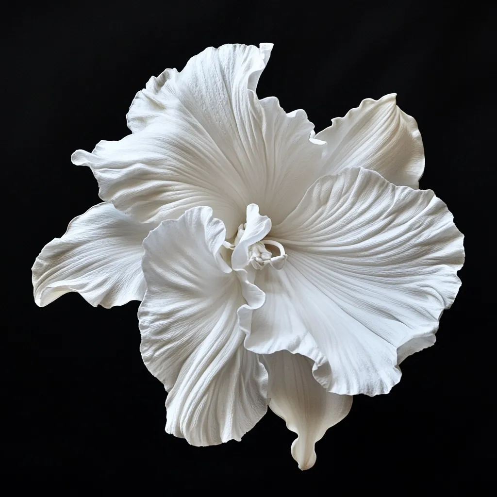 Here is a description of the image:

Close-up view of a meticulously crafted, white flower against a stark black background. The flower's petals are intricately detailed, exhibiting a delicate, almost paper-like texture.  The petals are softly curved and layered, creating a sense of depth and movement. The overall impression is one of elegance, fragility, and artistic precision, suggesting the piece may be a sculpture or a highly stylized photograph of a real flower.  The high contrast between the white flower and the black background enhances its visual impact.