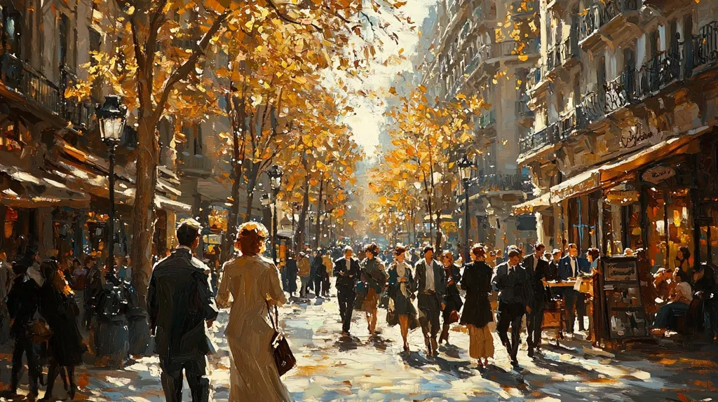 Here's a description of the image:

The painting depicts a bustling Parisian street scene in autumn.  Golden leaves from the trees lining the street cast dappled sunlight on the buildings and pedestrians.  Elegant Parisian architecture with balconies and cafes fills the background. People are dressed in period clothing, strolling, chatting, and enjoying the cafes. The overall impression is one of vibrant, everyday life in a charming European city during a beautiful autumn day. The style is impressionistic, with visible brushstrokes adding texture and movement.