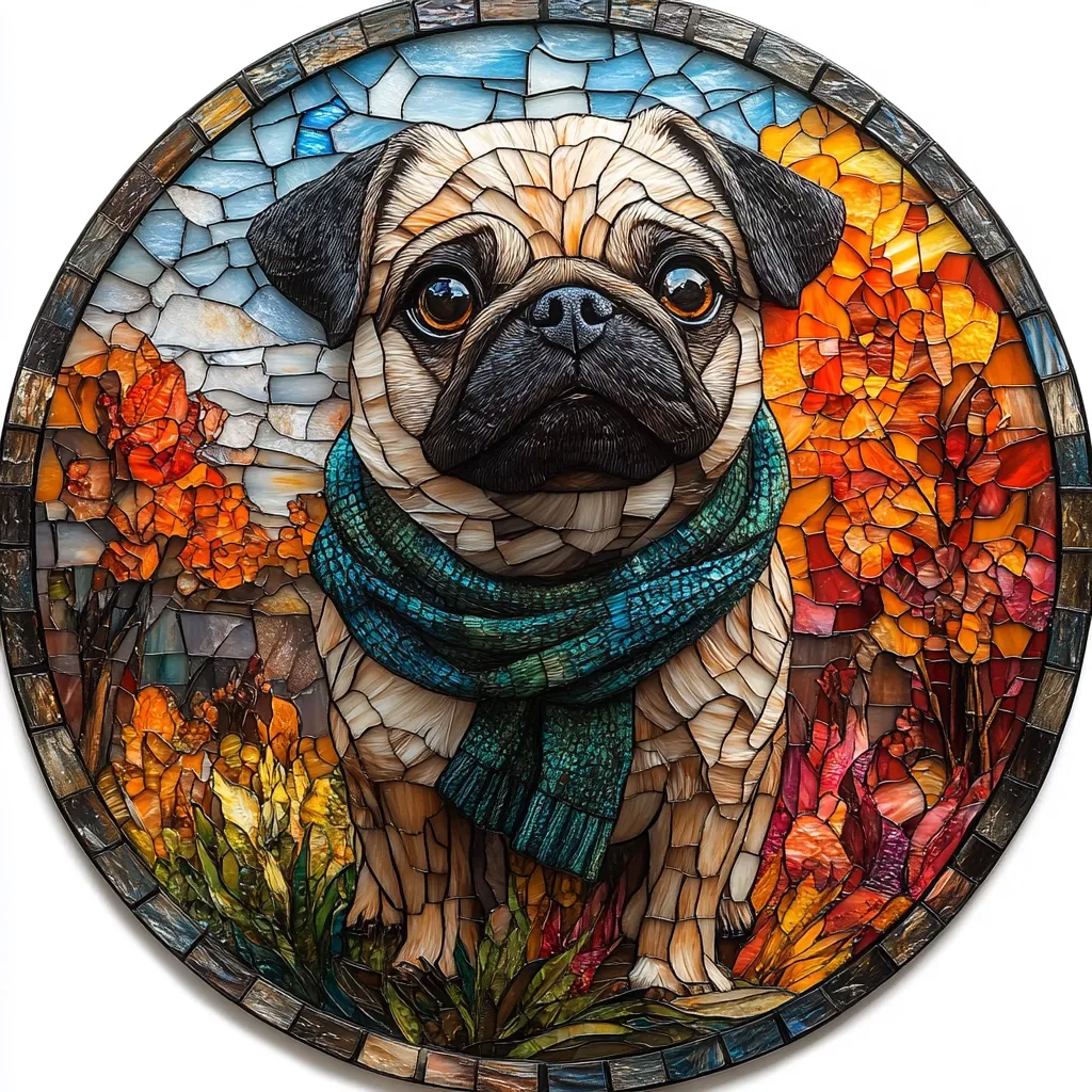Here's a description of the image:

A stunning circular mosaic artwork depicts a pug dog, meticulously crafted from small, colored glass pieces. The pug is centrally positioned, wearing a teal scarf, and gazes directly at the viewer with expressive eyes. The background showcases a vibrant autumnal scene with orange, red, and yellow flowers, set against a backdrop suggestive of a hazy sky.  The mosaic technique creates a textured, almost three-dimensional effect, giving the image a remarkable level of detail and realism. The overall impression is one of warmth and artistic skill.